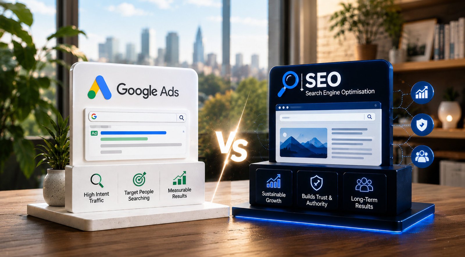 Comparison of SEO and Google Ads strategies for online marketing effectiveness and visibility.